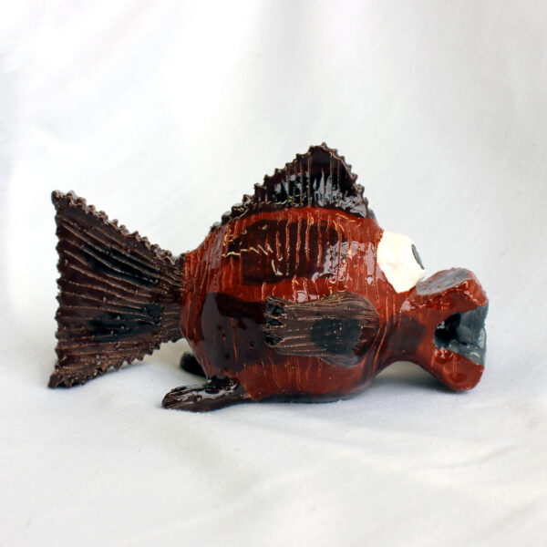 Side view of piranha sculpture by Amber Tyreman