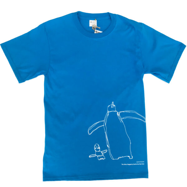 Blue T-Shirt with white penguin drawing on bottom right corner