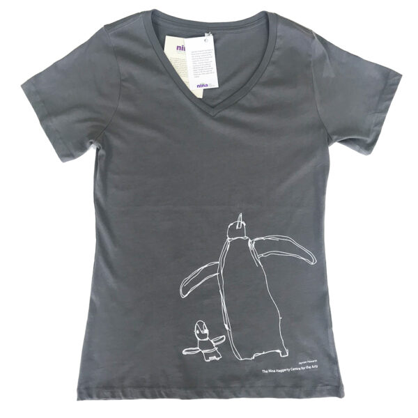 Grey v-neck shirt with white penguin drawing