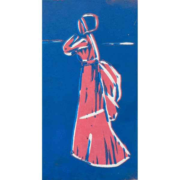 Relief print of a pink figure on a blue background by Dean Bardal