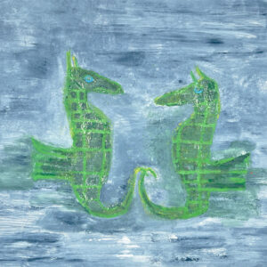 Monoprint of two green seahorses on a blue background by Yvette Prefontaine