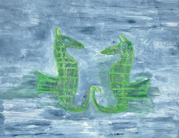 Monoprint of two green seahorses on a blue background by Yvette Prefontaine