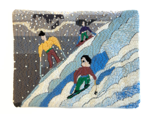 Needlework of three downhill skiers