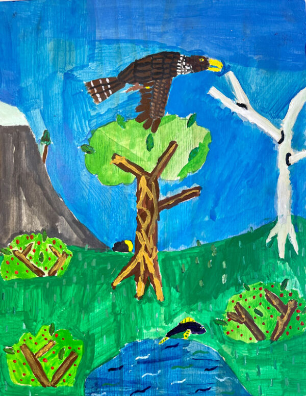 Acrylic painting of a falcon flying over a pond with a fish jumping