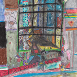 Colourful, detailed drawing of a figure standing near a window