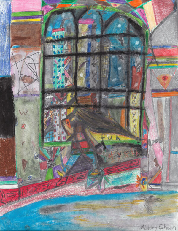 Colourful, detailed drawing of a figure standing near a window