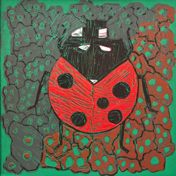 Linocut print of a lady bug