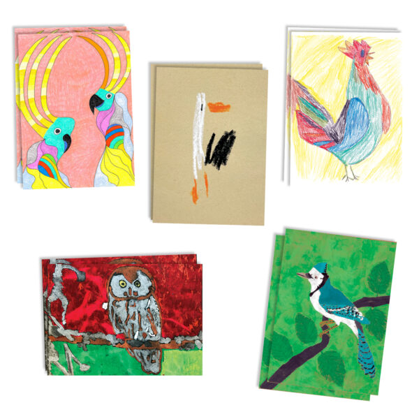 Five greeting cards with bird artwork