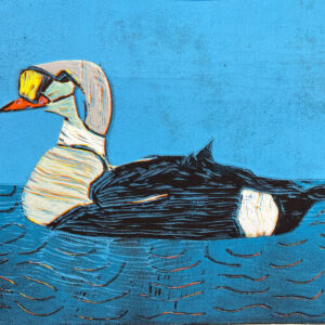 Linocut of a duck in blue water