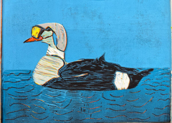 Linocut of a duck in blue water