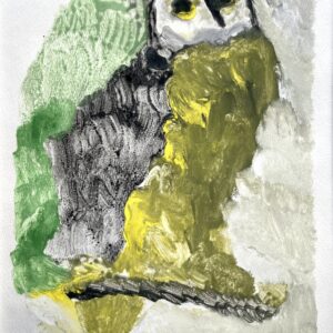 Monoprint of a great horned owl perched on a branch