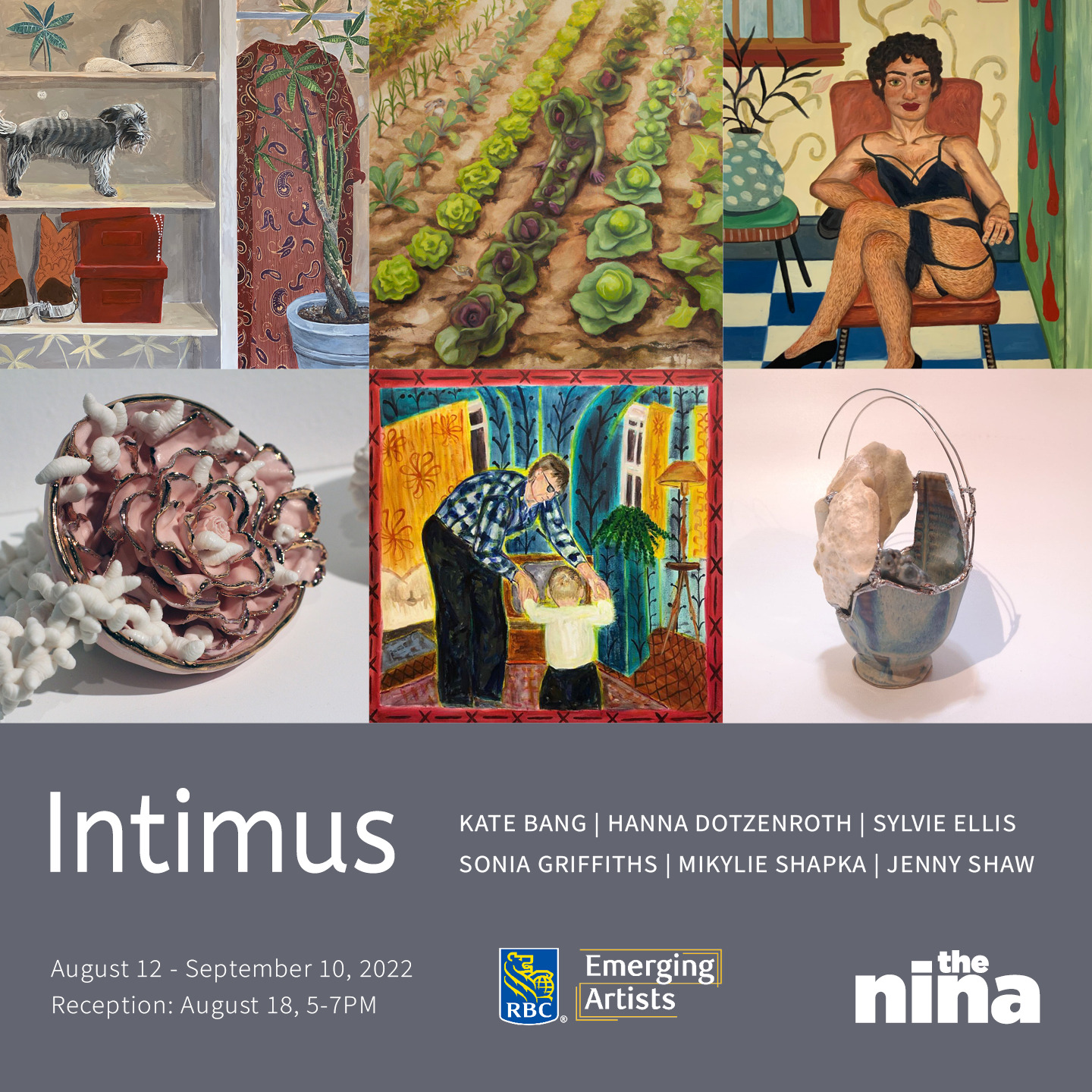 Grid of 6 images of artwork in different mediums with exhibition details beneath