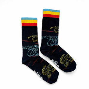 Black socks with blue, yellow, and red stripes around the ankle and dinosaurs with roller skates