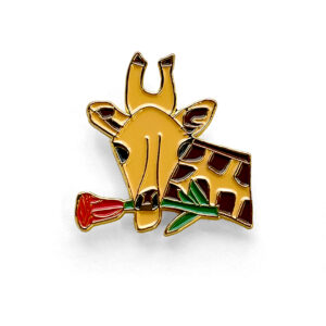 Enamel pin of a giraffe with a rose in its mouth