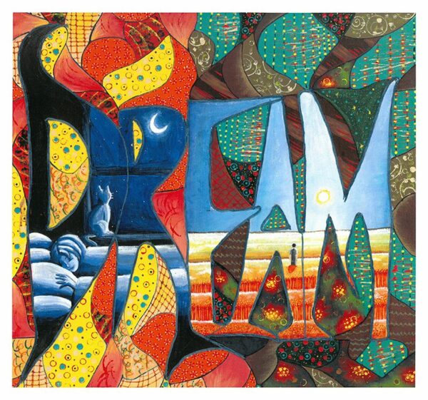 Painting of the word Dream with a background of colourful patterned patches. Inside the letters there is a person sleeping and a person standing in a field.