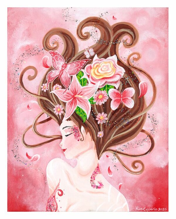 Painting of a person with pale skin and brown hair with pink flowers in their hair on a pink background