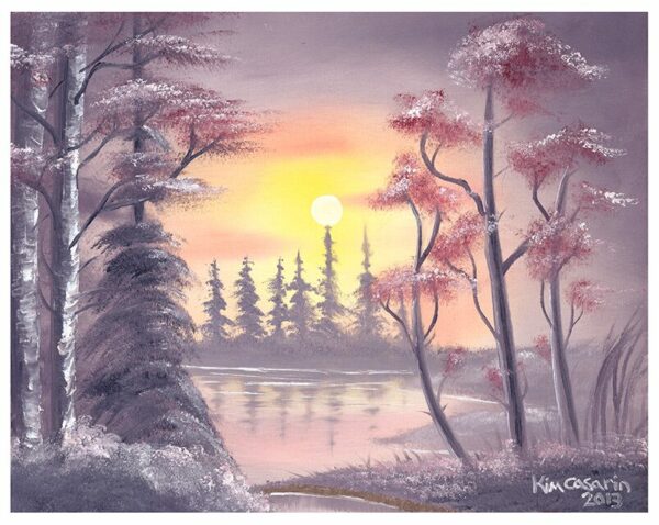 Painting of a lake surrounded by trees dusted in snow