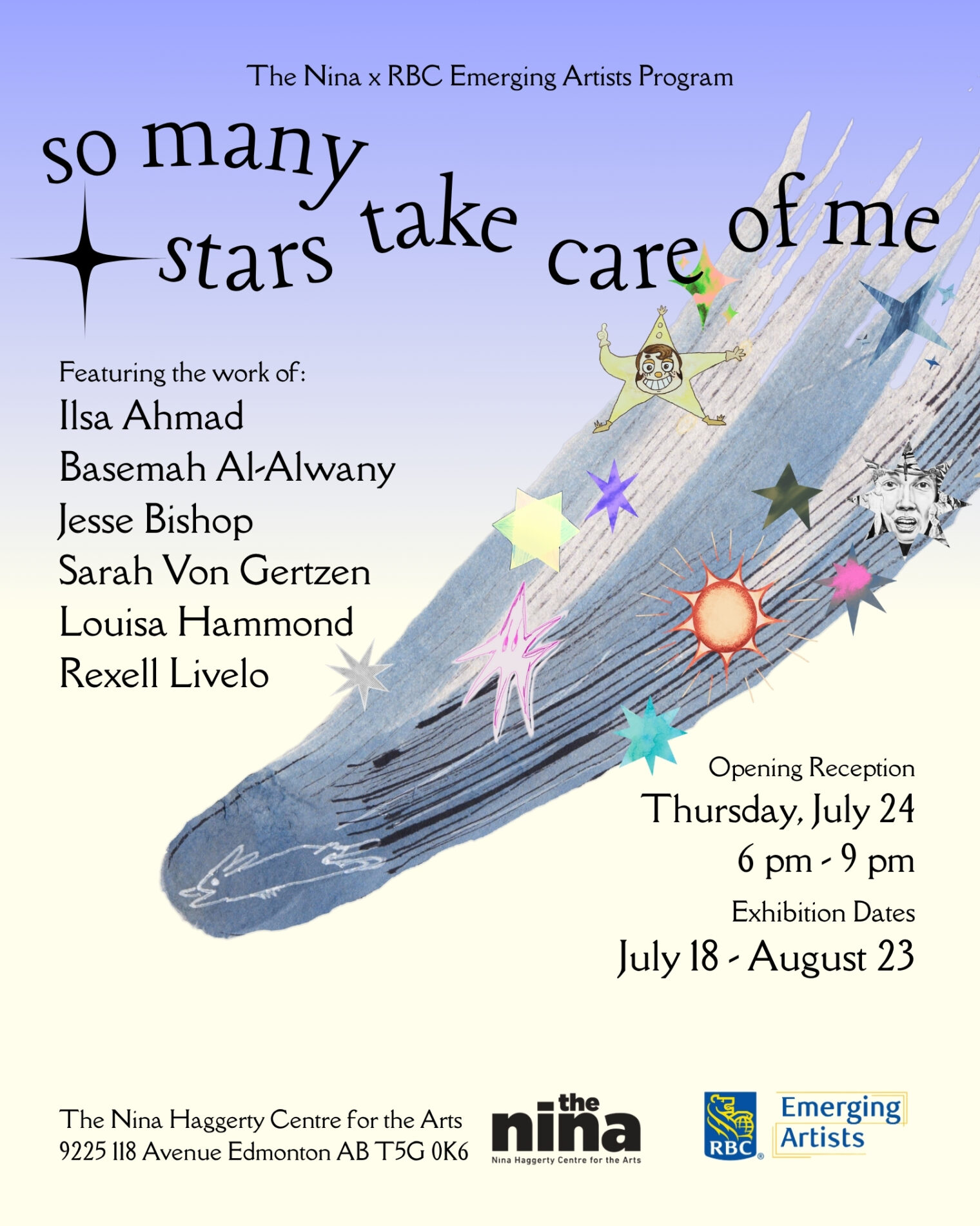 So many stars take care of me Promo Image Exhibition graphic features text included on page with background image of a comet with stars made by each artist in the show