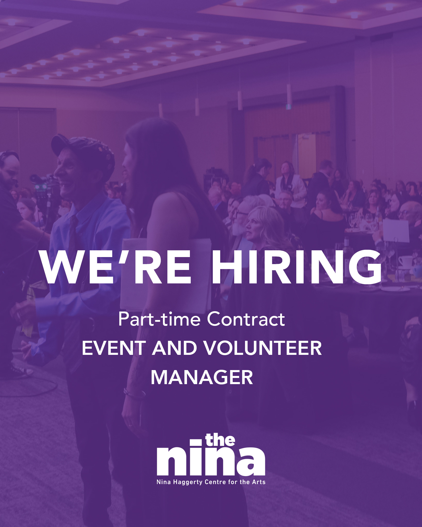 Text says "we're hiring part-time contract operations manager" on purple background image of people at a gala event