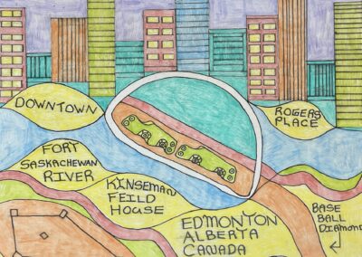 Stylized coloured pencil drawing of the Edmonton River Valley with two cars on the Walterdale Bridge and the city skyline. Aaron has written the names of different sports venues almost like a map, including Rogers Place, Kinsmen Field House, and the baseball diamond.