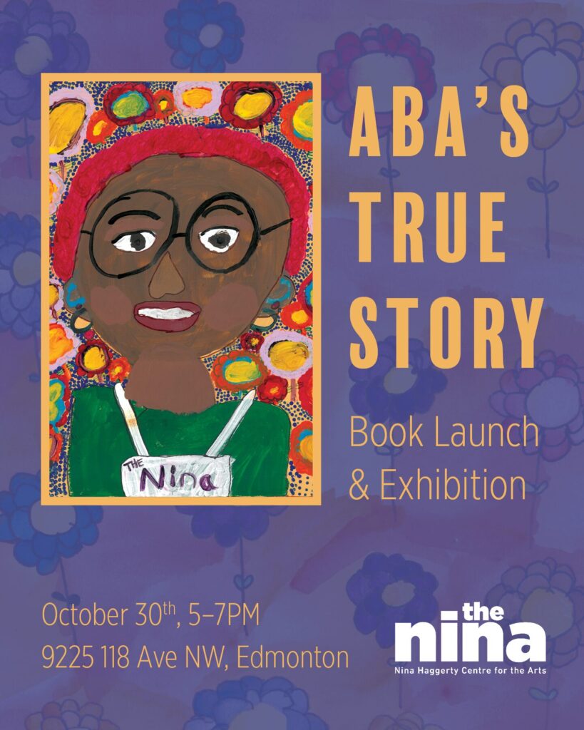 Painted self-portrait of Aba, a Black woman with short, bright red hair and glasses next to title and information text included in event description.