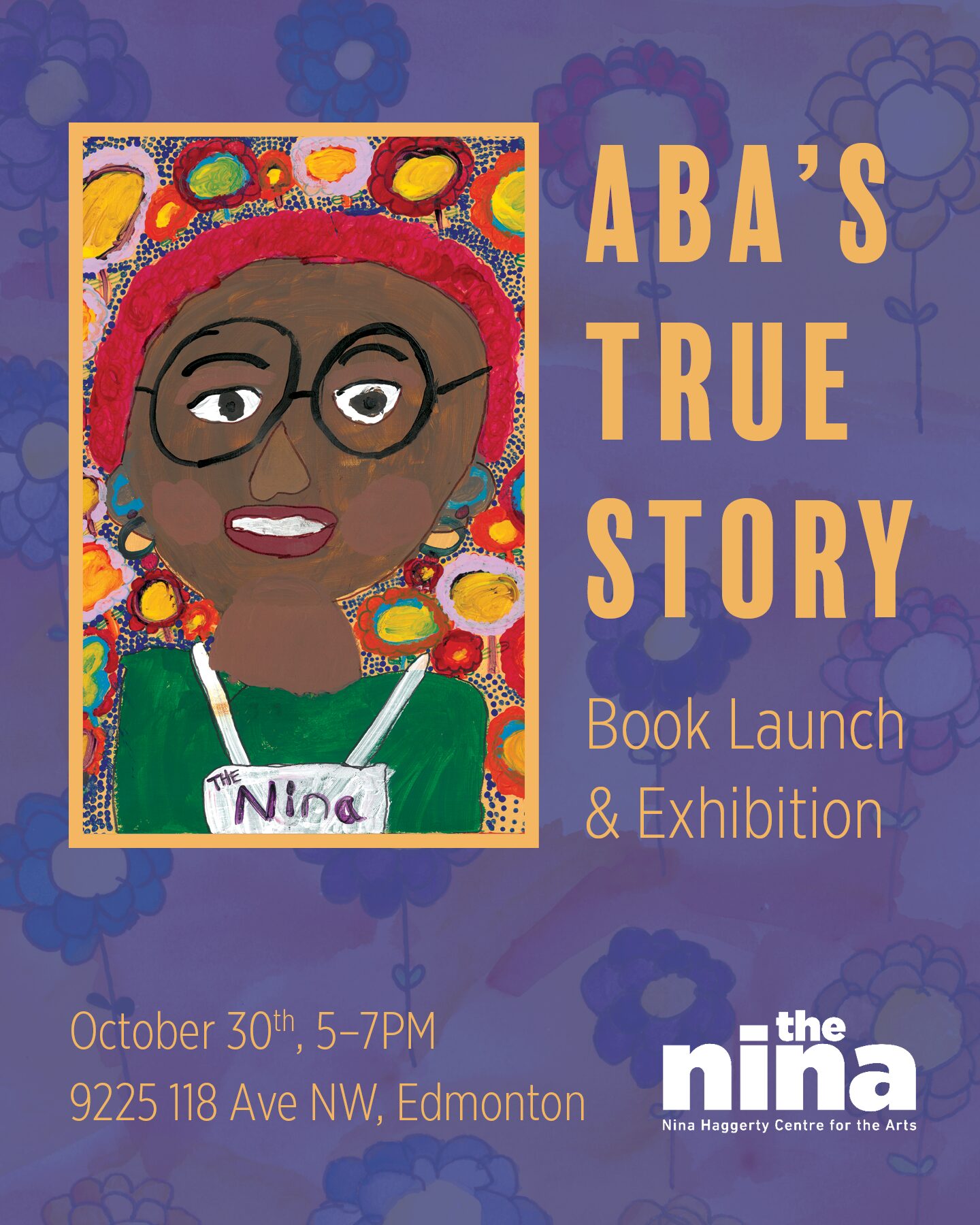 Painted self-portrait of Aba, a Black woman with short, bright red hair and glasses next to title and information text included in event description.