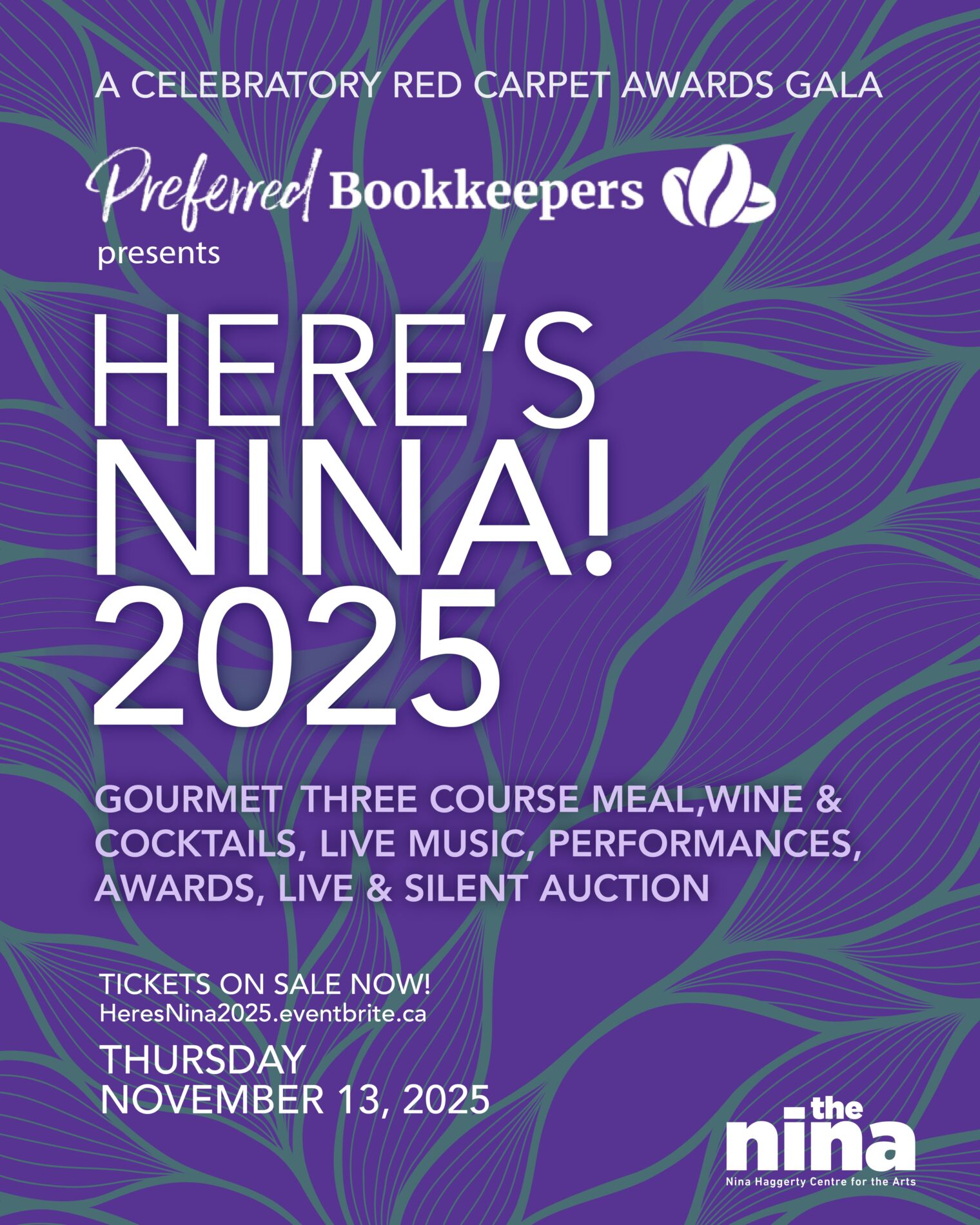 Text says "gourmet three course meal, wine & cocktails, live music, performances, awards, live & silent auction
