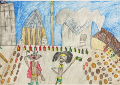 Coloured pencil drawing of two performers wearing cultural outfits at Churchill Square. You can see the distinctly shaped City Hall and Art Gallery of Alberta buildings in the background.