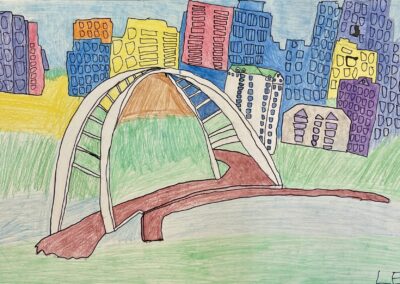 Coloured pencil drawing of the white Walterdale Bridge in front of multi coloured buildings of downtown Edmonton