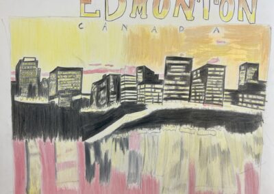 Coloured pencil drawing of the downtown Edmonton skyline at sunset. The black buildings are reflected beneath them, and hand lettering at the top of the image says EDMONTON Canada