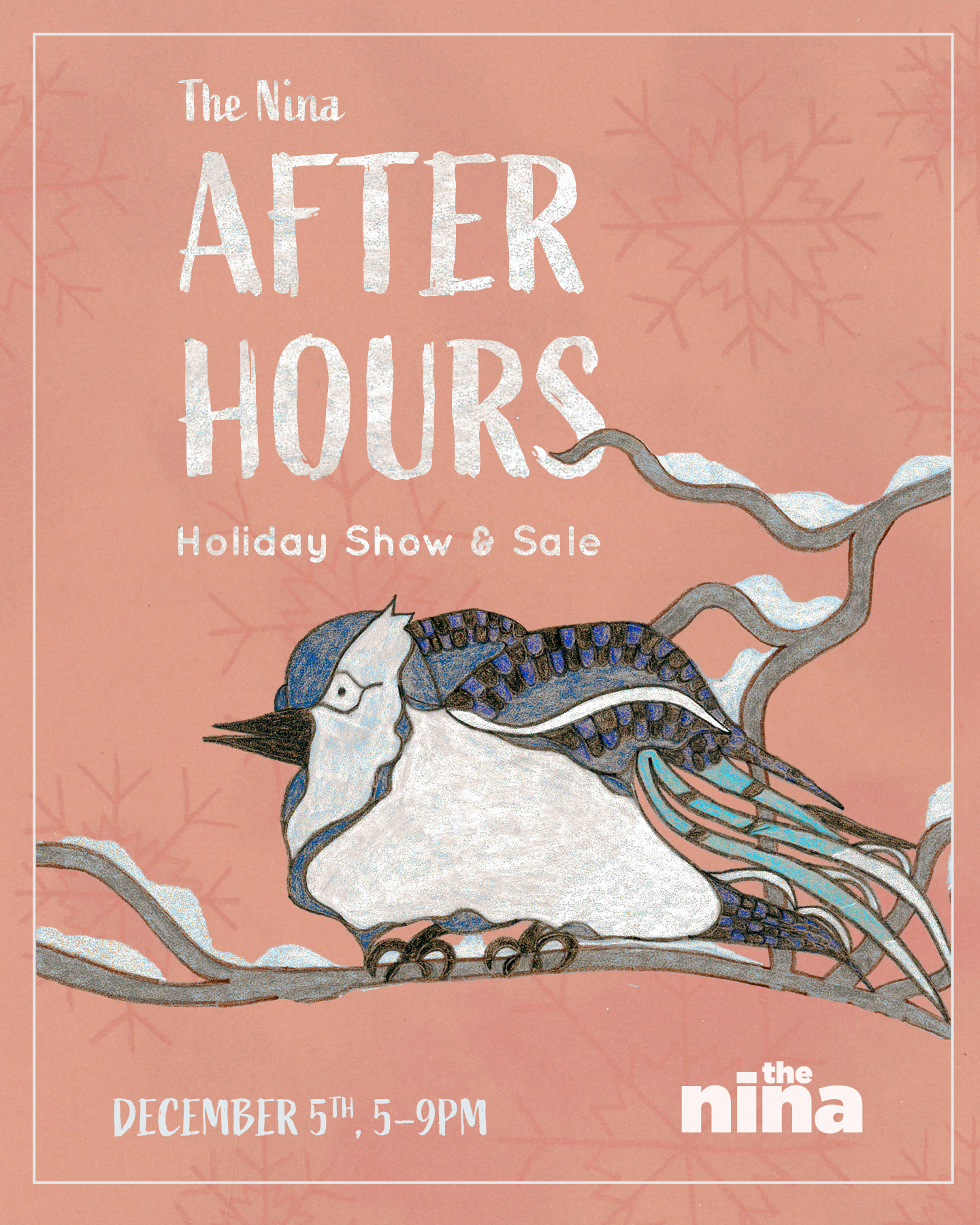 Promo image with drawing of bluejay perched on a snow covered branch with event details (included in caption)