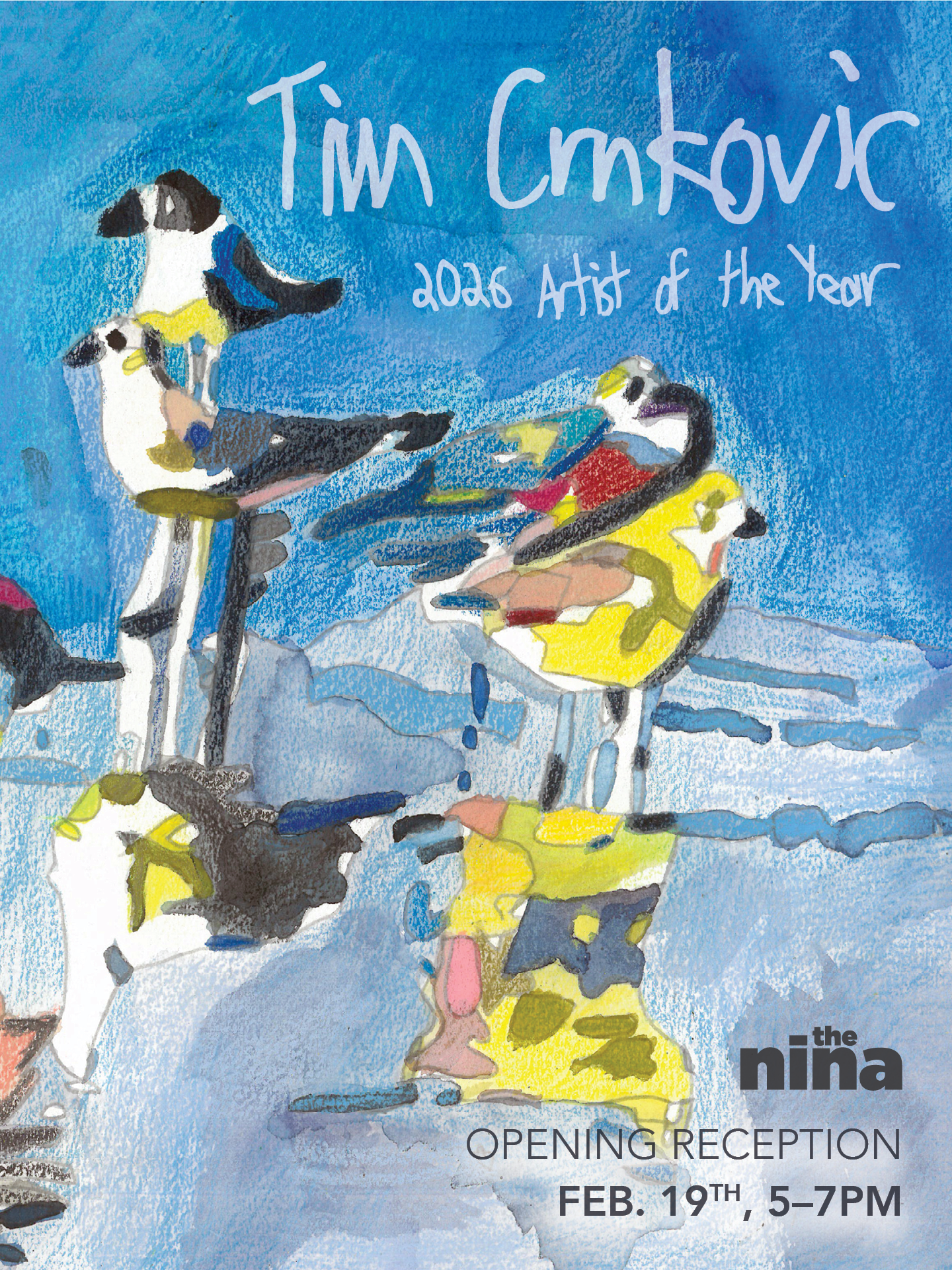 Promo image with drawing of bluejay perched on a snow covered branch with event details (included in caption)