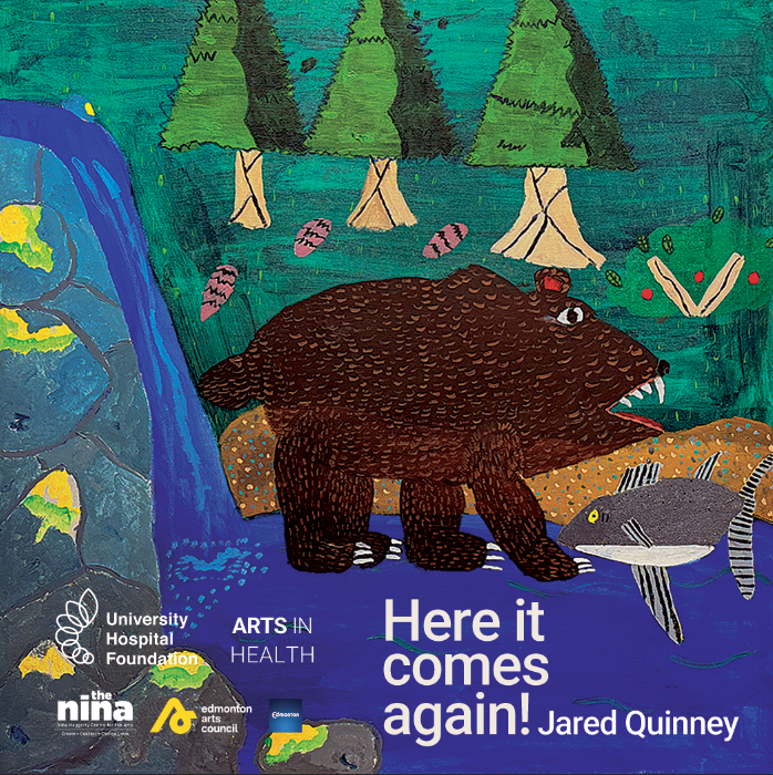 Painting of a bear in a river with a fish by Jared with show details (included in text on page)