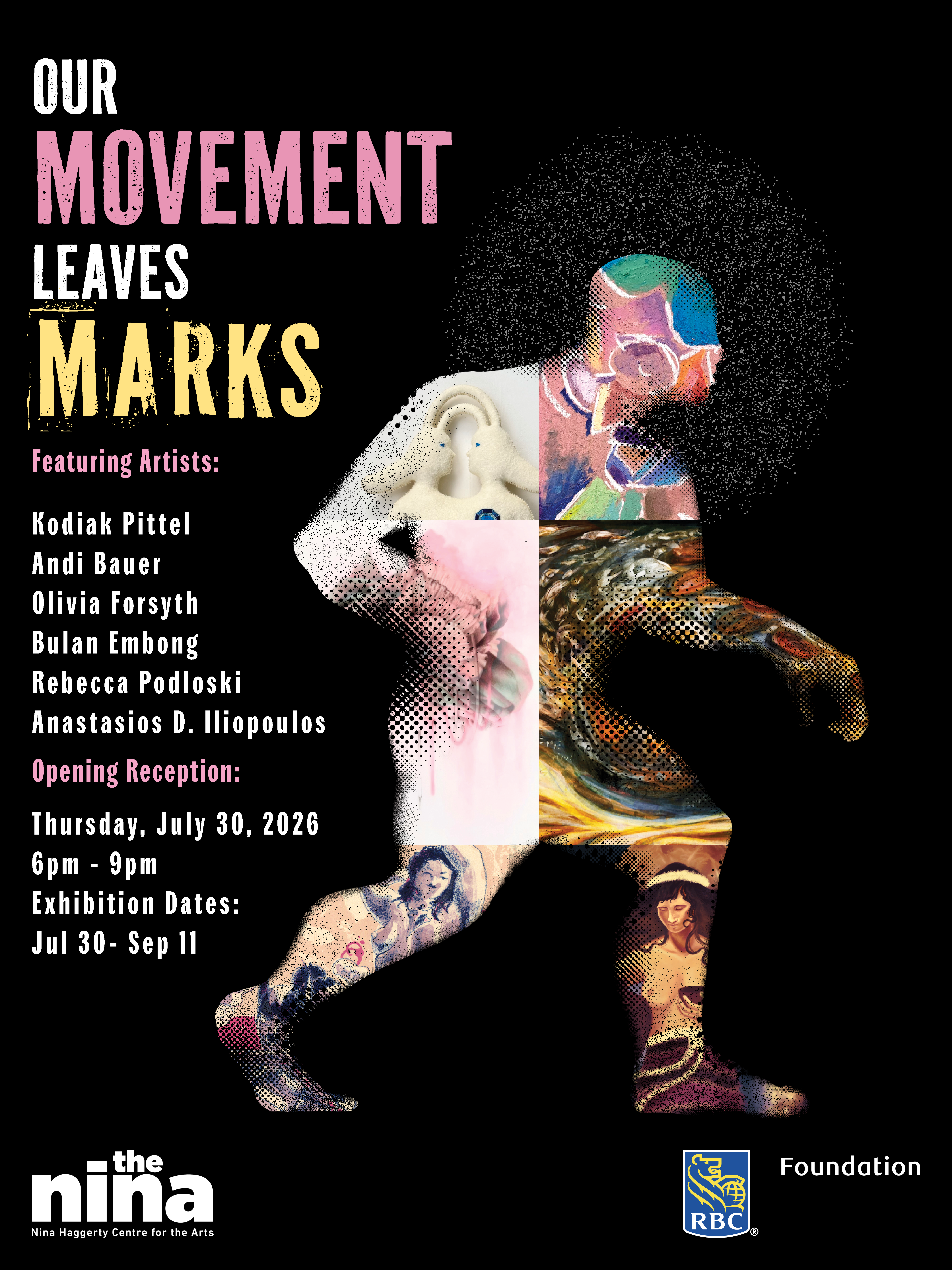 Image with the exhibition details and an outline of a human/sasquatch figure with images of six works of art inside it.