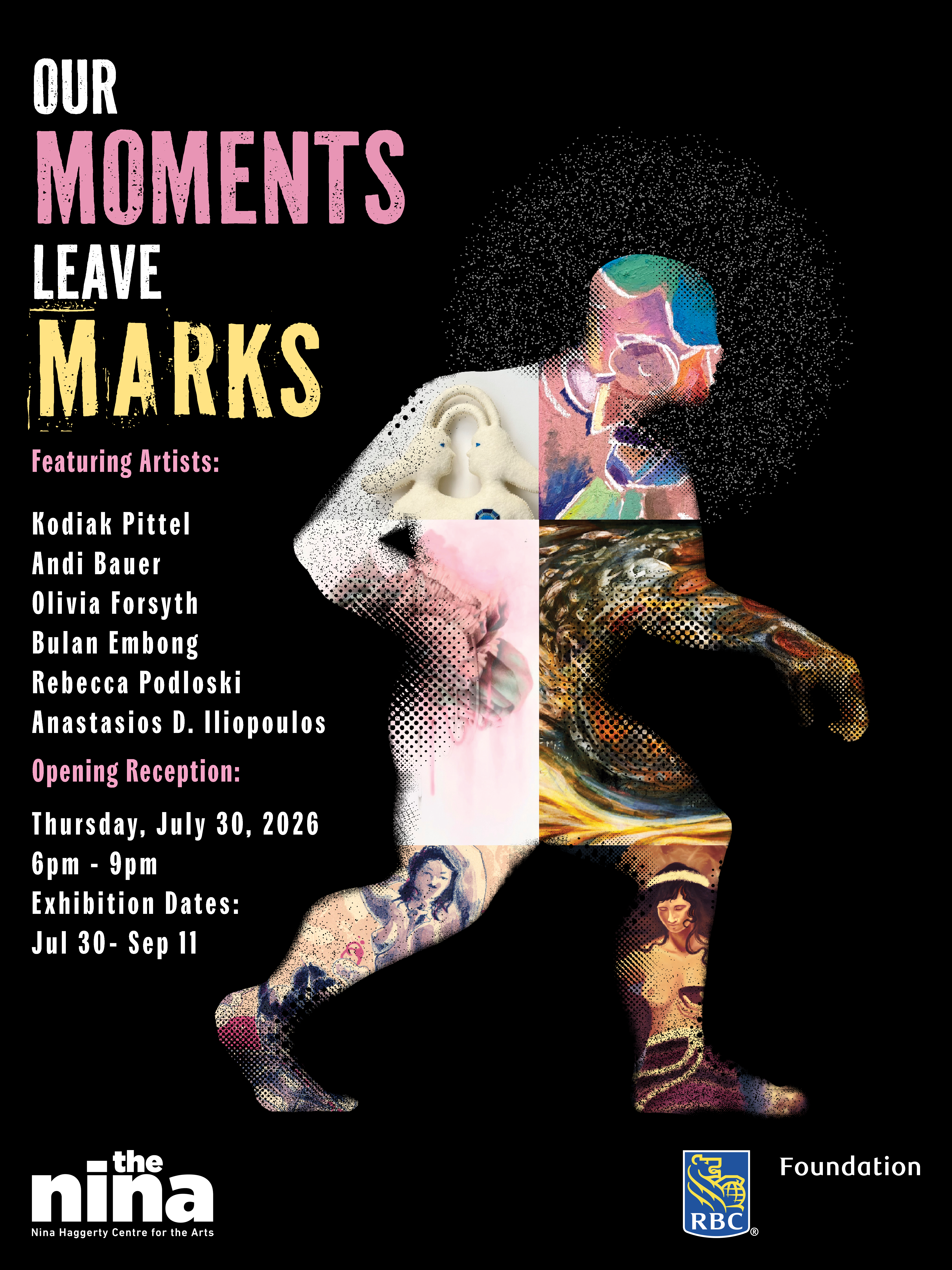 Show details with image of an outline of a human or sasquatch figure walking. Inside the outline are images of the six artists artwork.