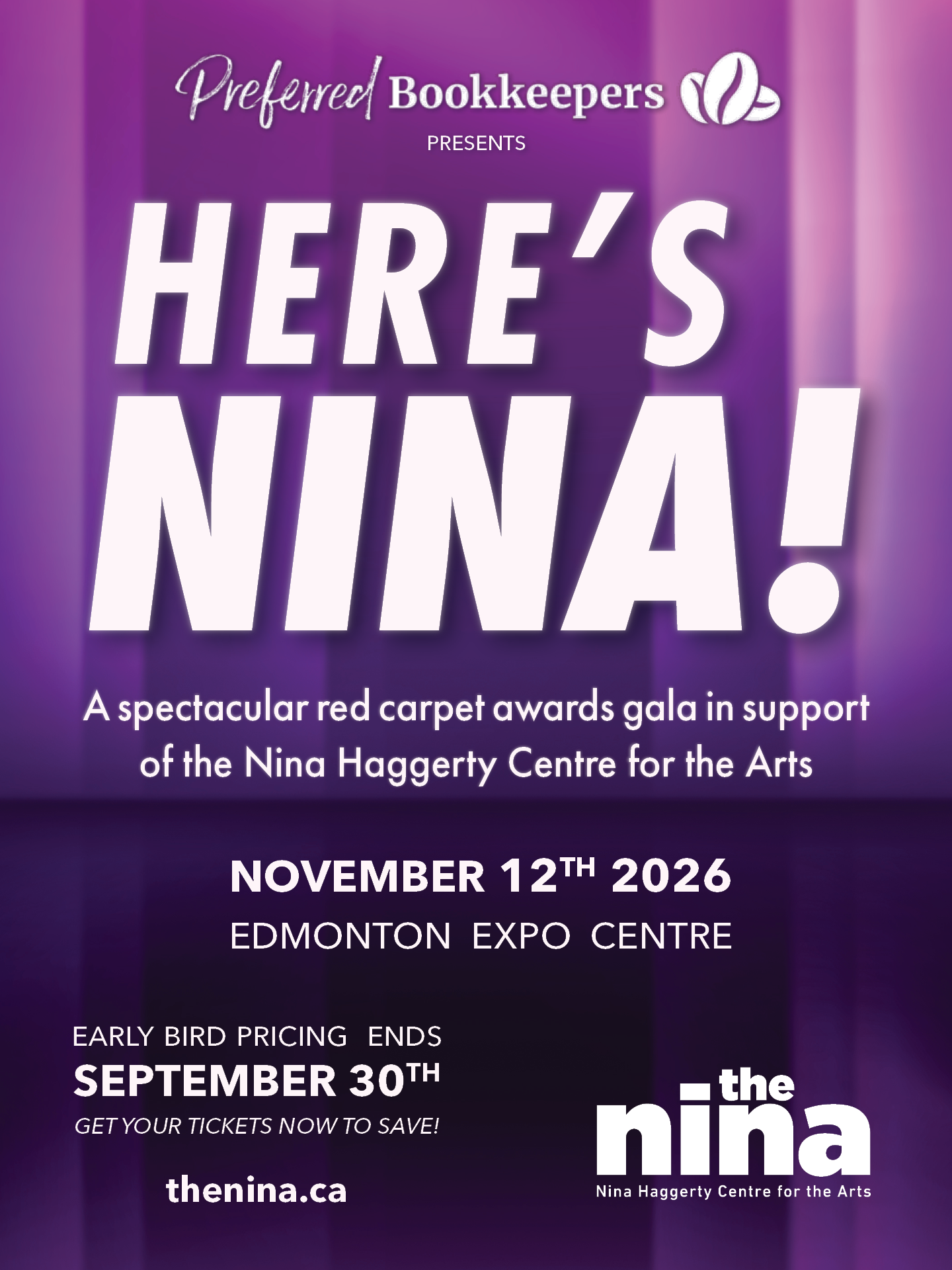 Here's Nina event details on purple curtain background with Preferred Bookkeepers logo at the top
