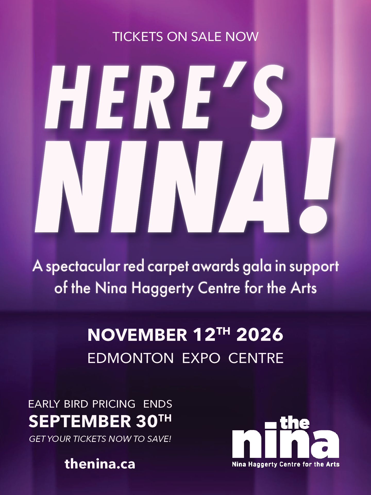 Here's Nina event details on purple curtain background